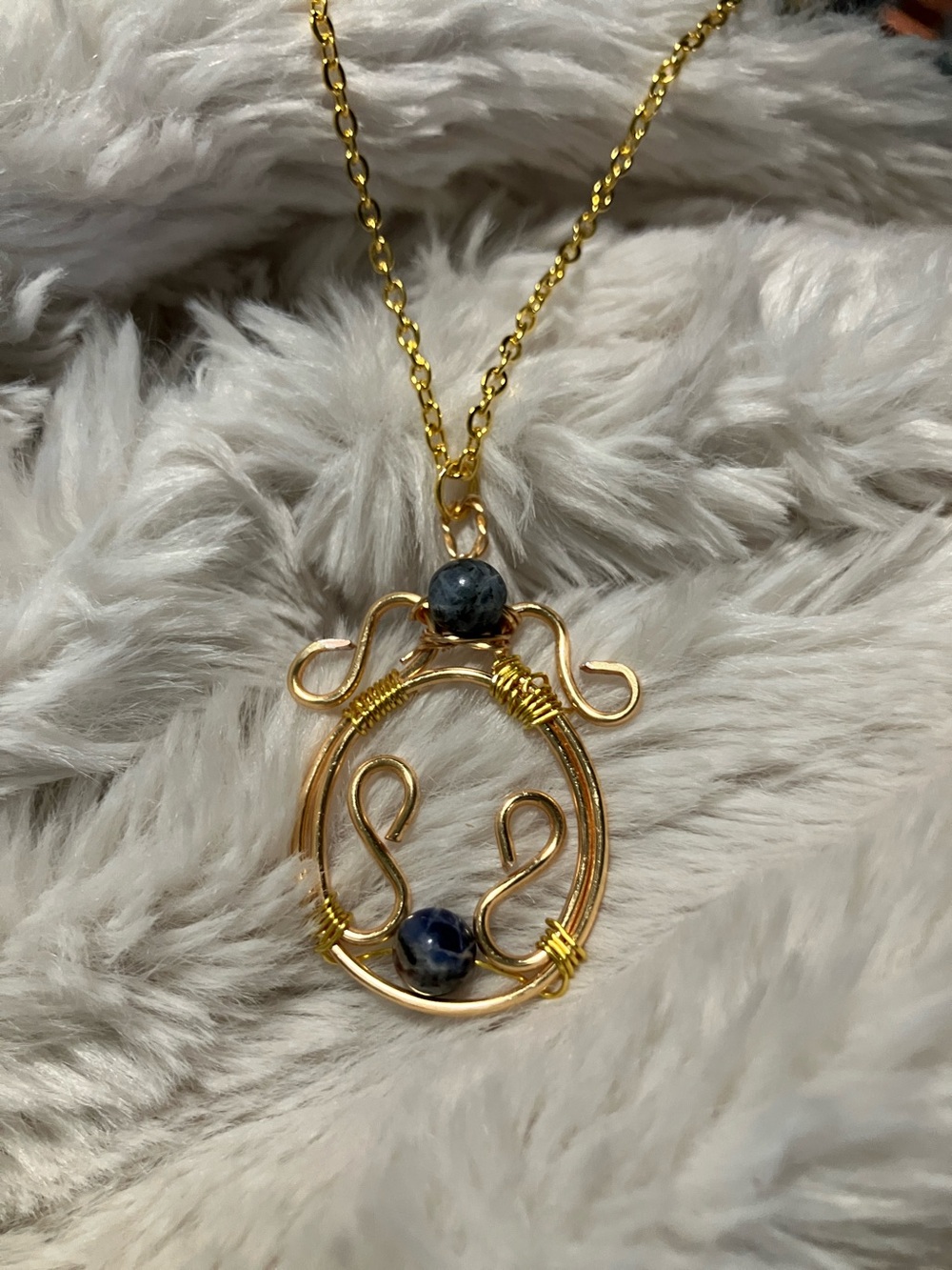 Gold Wire-Wrapped Pendant Necklace with Blue Sodalite Stone Beads